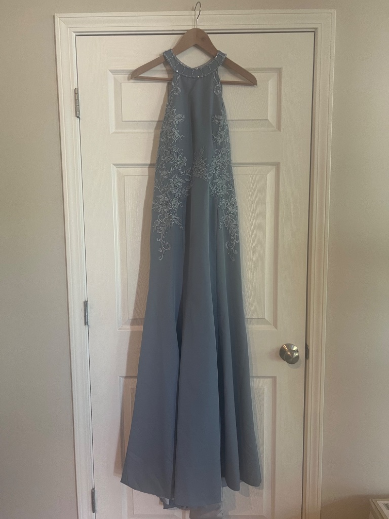 Smoky Blue Embroidered Halter Evening Gown Floor Length Formal Dress